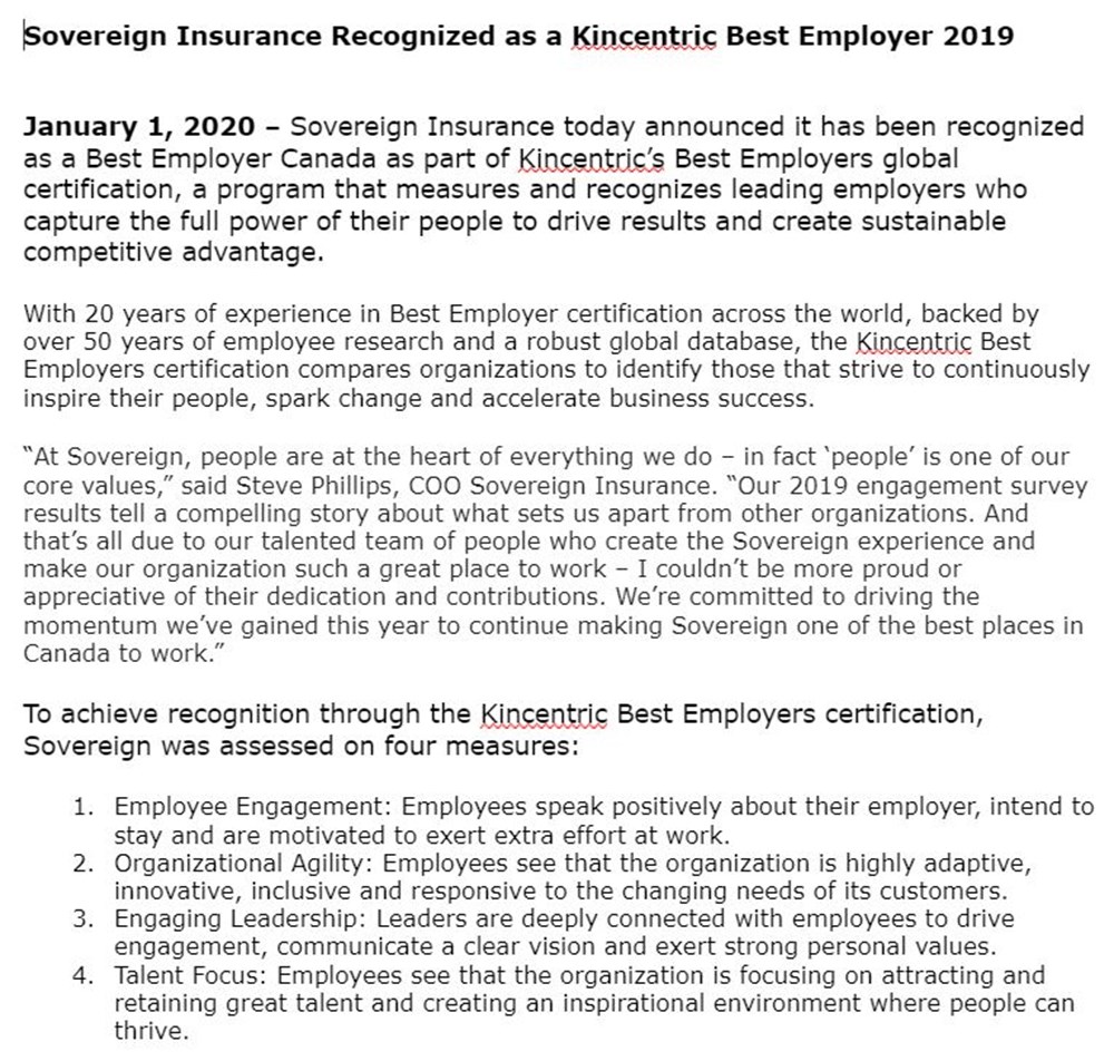 Une capture d'écran du communiqué de presse en anglais "Souveraine Assurance nommée Employeur de choix 2019 par Kincentric"